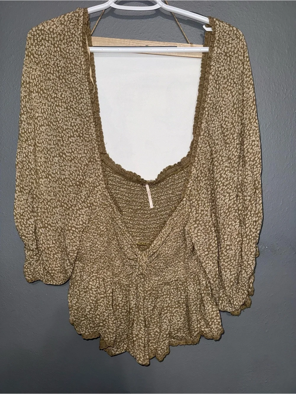 Free People Olive Taupe Floral Tie-Front Puff-Sleeve Top
